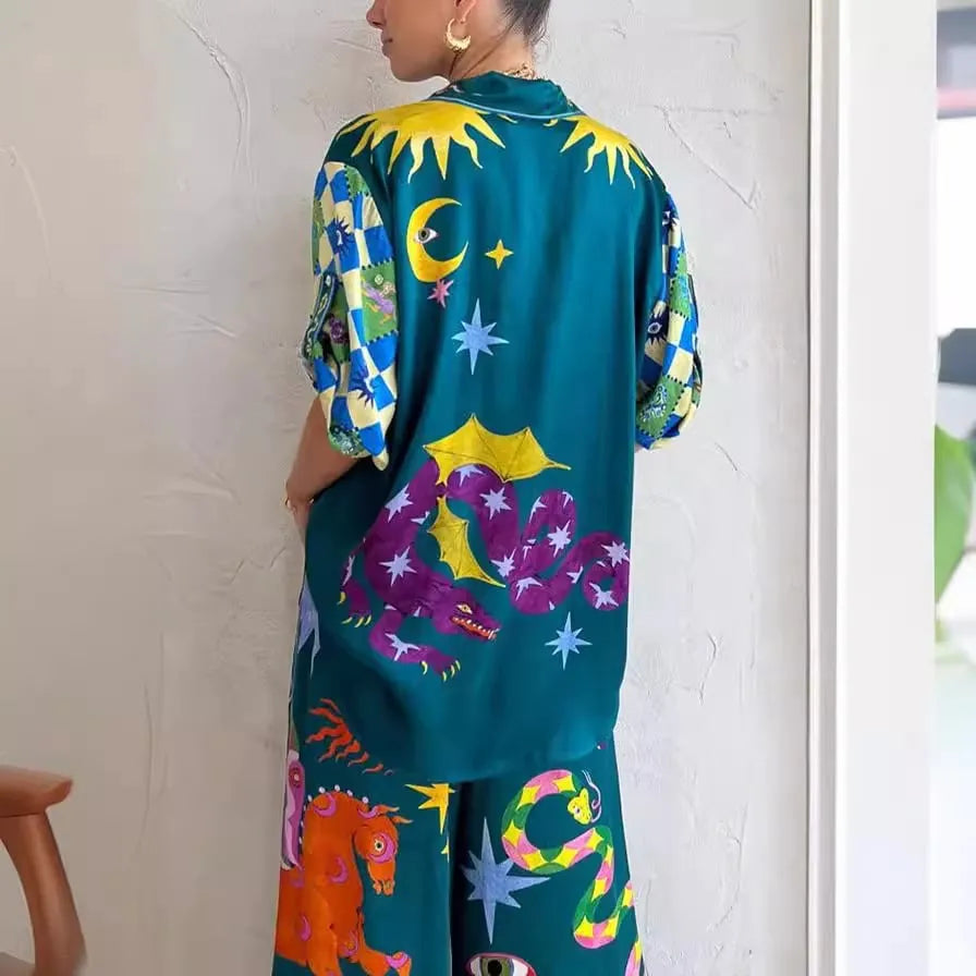 Beachy Chic Unique Print Button Down Oversized Two-Piece Set