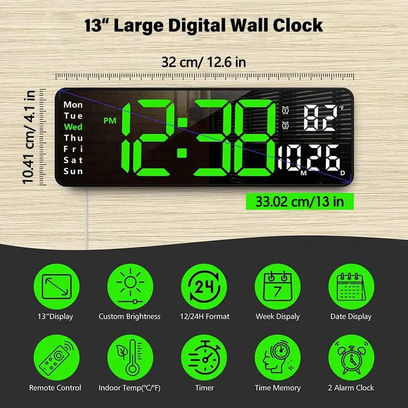 ⚡Prime Day Sale⚡13" Large Digital Clock with Temperature, Date, Auto DST, Night Light, Auto Brightness Dimmer