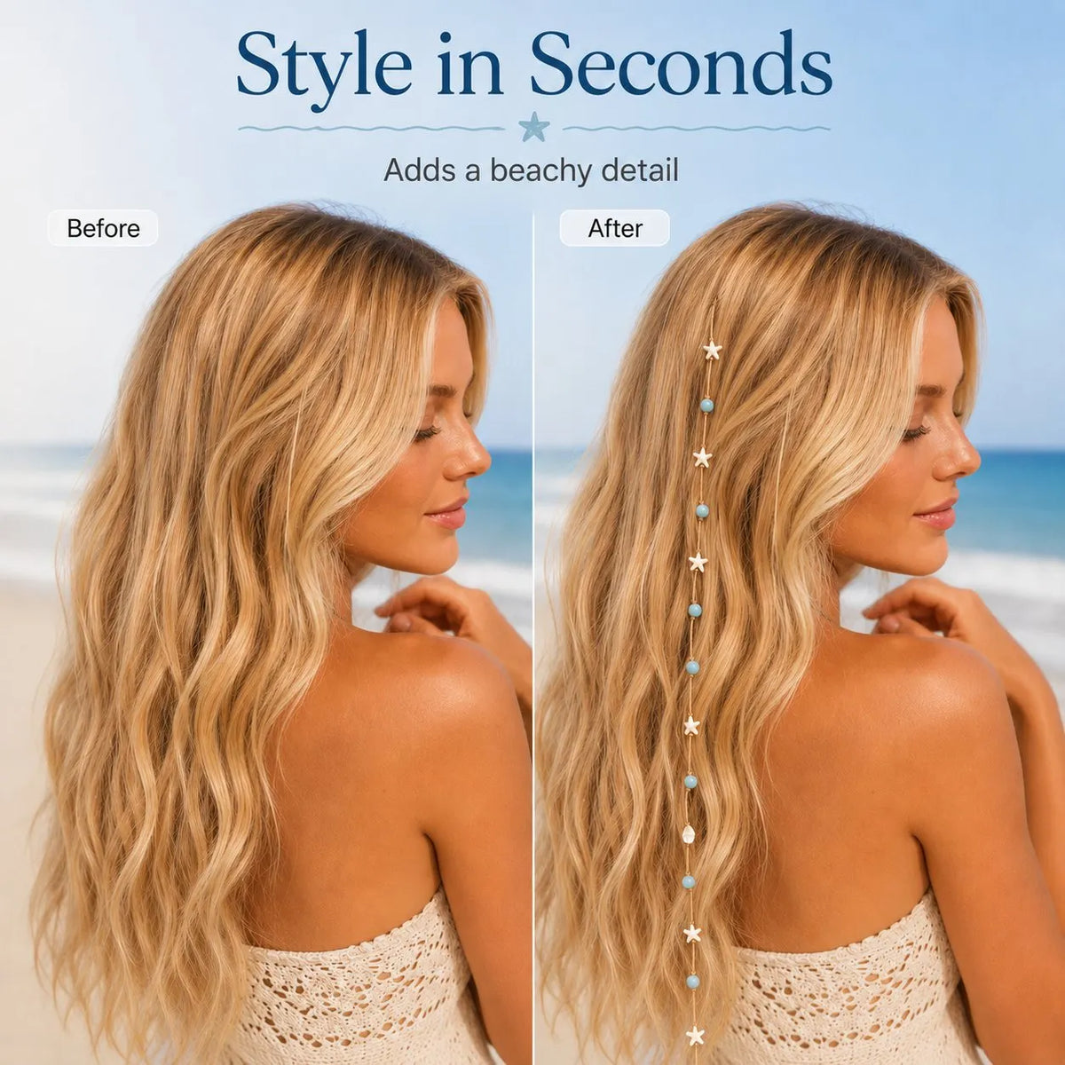 🔥HOT SALE🔥🌊⭐Beachy Mermaid Hair Accent Clip (Featuring blue bead accents, starfish, and shell charms)