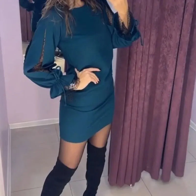 ✨ Long Sleeve Mesh Dress with Round Neck 💃