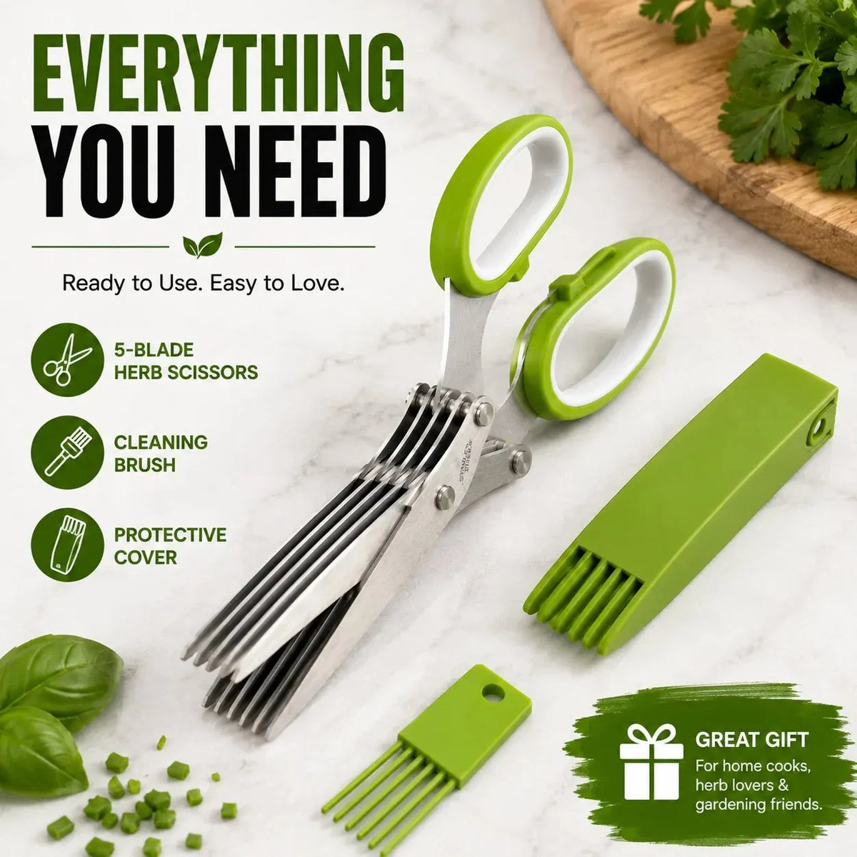 🎉✂️🌿5-Blade Stainless Steel Herb Scissors with Cleaning Brush & Protective Cover
