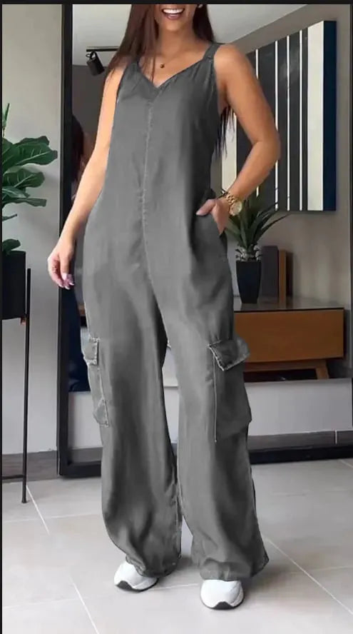 Thin Denim Cargo Pocket V-neck Jumpsuit (Buy 2 Free Shipping)