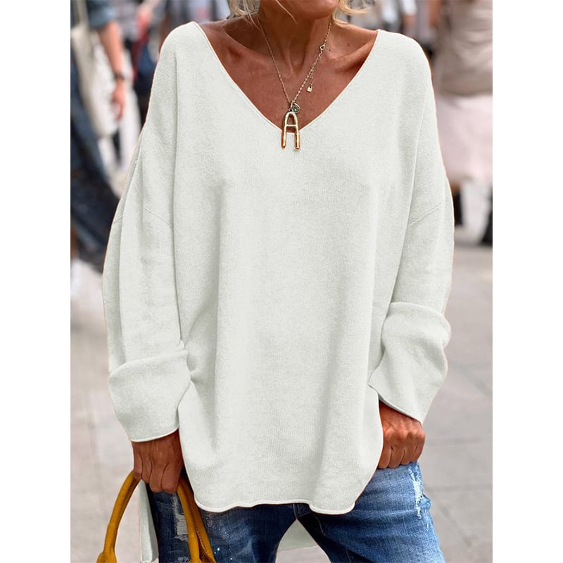 Women's V-Neck Casual Dipped Hem Oversized Sweater