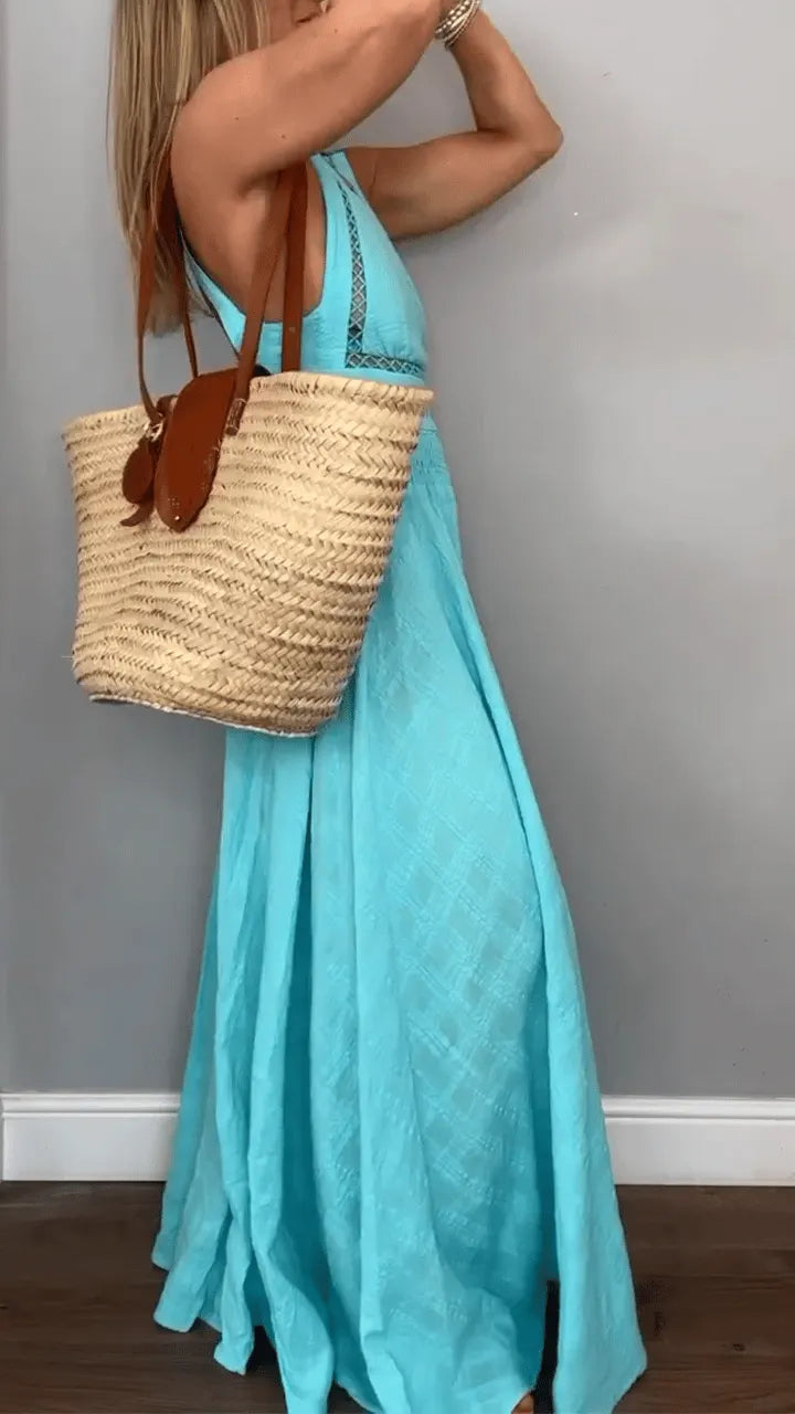 Women's Round Neck Sleeveless Hollow Back Tie Holiday Dress