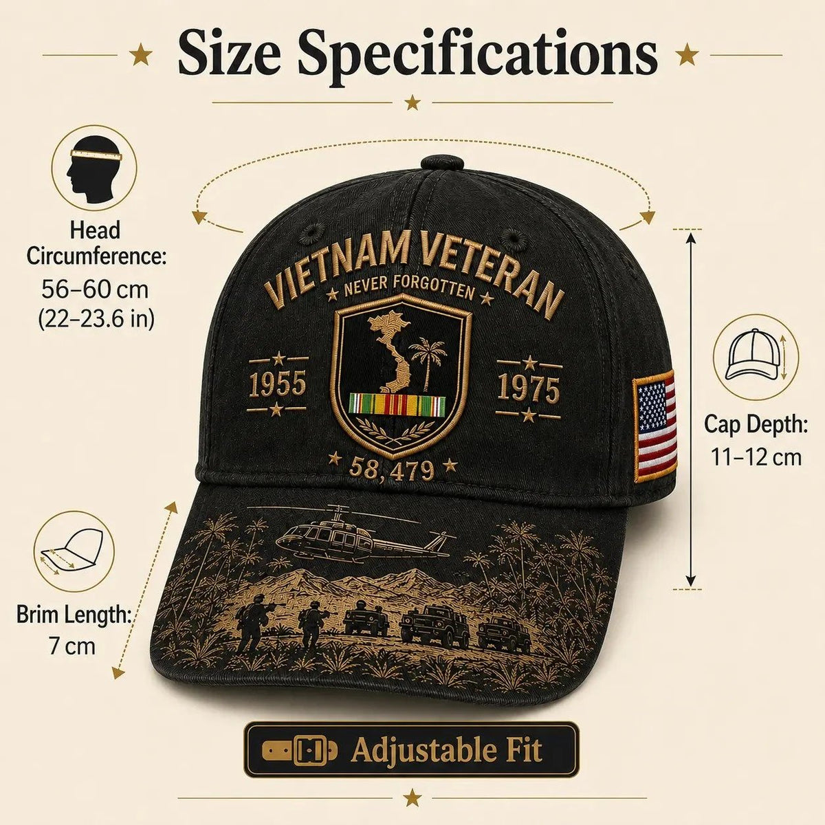 🎉Vietnam Veteran Never Forgotten 1955–1975 Commemorative Cap(Digital printing)
