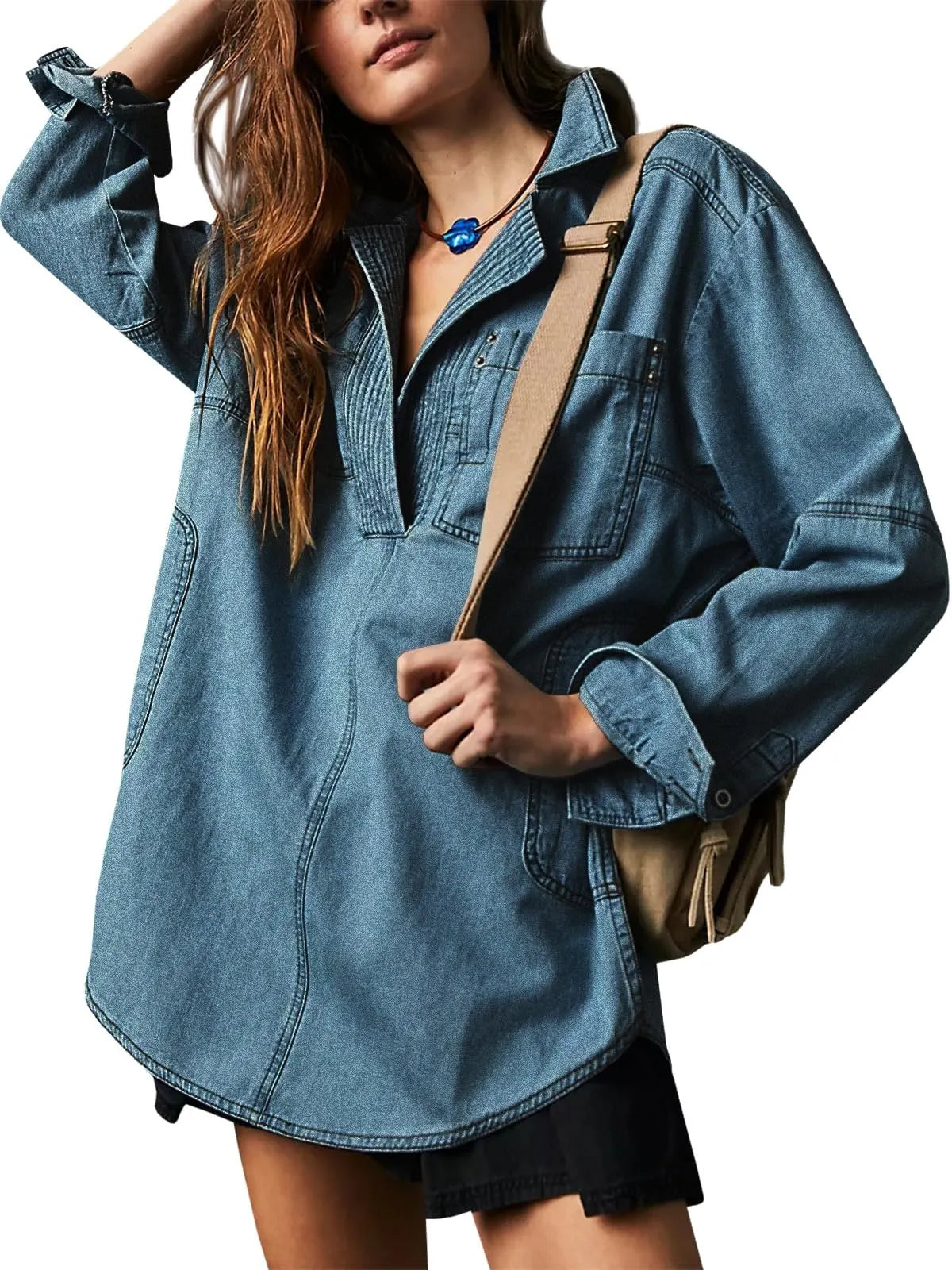 WOMEN'S V-NECK DENIM PULLOVER SHIRT (BUY 2 FREE SHIPPING)