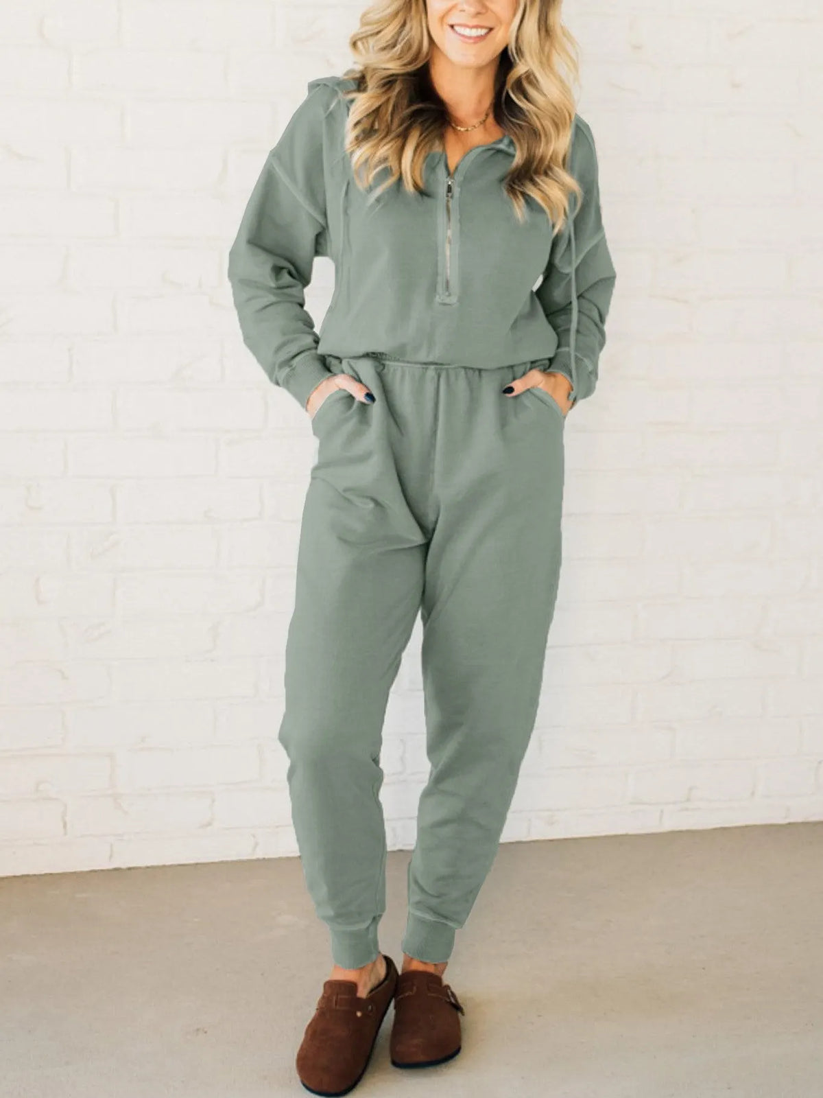 French Terry Drawstring Hooded Jumpsuit (Buy 2 Free Shipping)