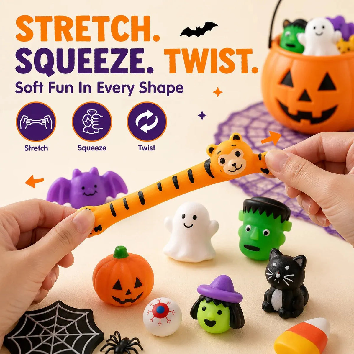 🎃 100PCS Halloween Mochi Squishy Toys – Cute Sensory Party Favors & Goodie Bag Fillers