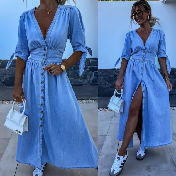 V-Neck Short Sleeve Loose Denim Long Button-Up Dress