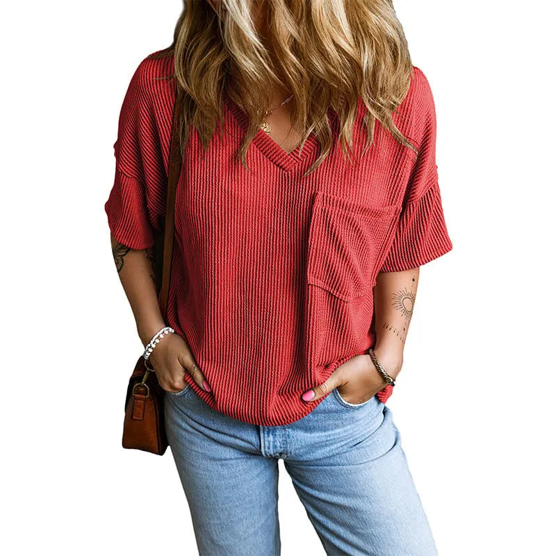 Womens Short Sleeve Ribbed Tops Causal V Neck Oversized T Shirts Summer Loose Fit Tee Tops