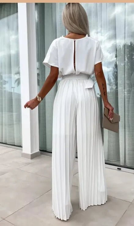 Casual Waistband Solid Color Pleated Wide Leg Jumpsuit