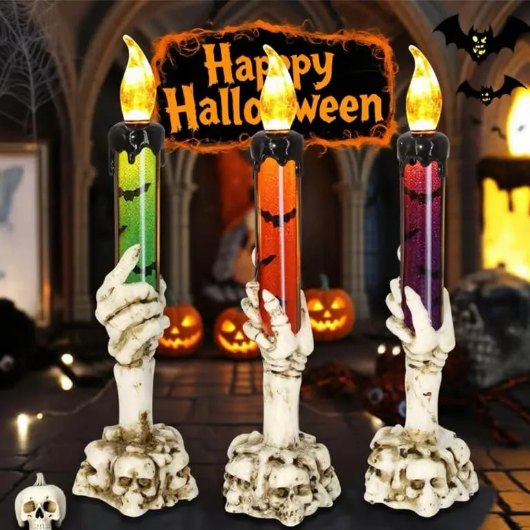 🕯️3 Pack Halloween LED Skeleton Hand Candle Holders, Flickering Flameless Skull Candles with Amber Light for Indoor Outdoor Halloween Decorations