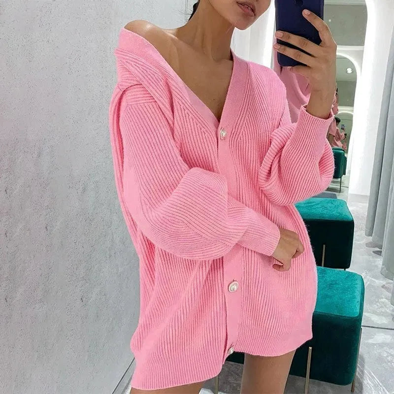V-neck Loose Knit Button-Up Cardigan (Buy 2 Free Shipping)
