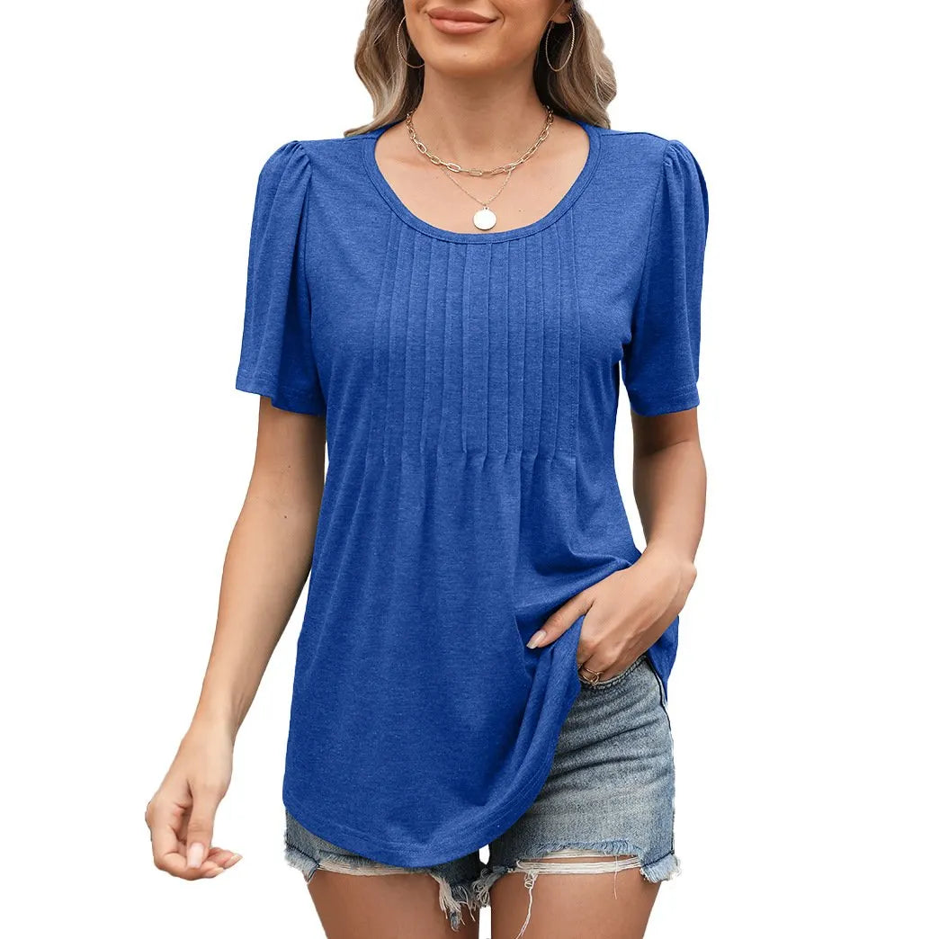Summer Loose Pleated Round Neck Short Sleeve T-Shirt
