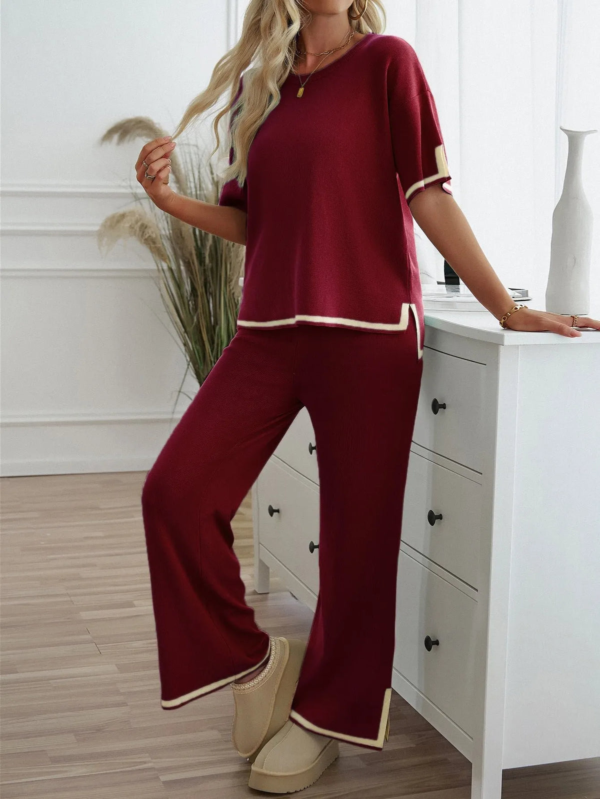 Chic Short Sleeve Knitted Pants Set