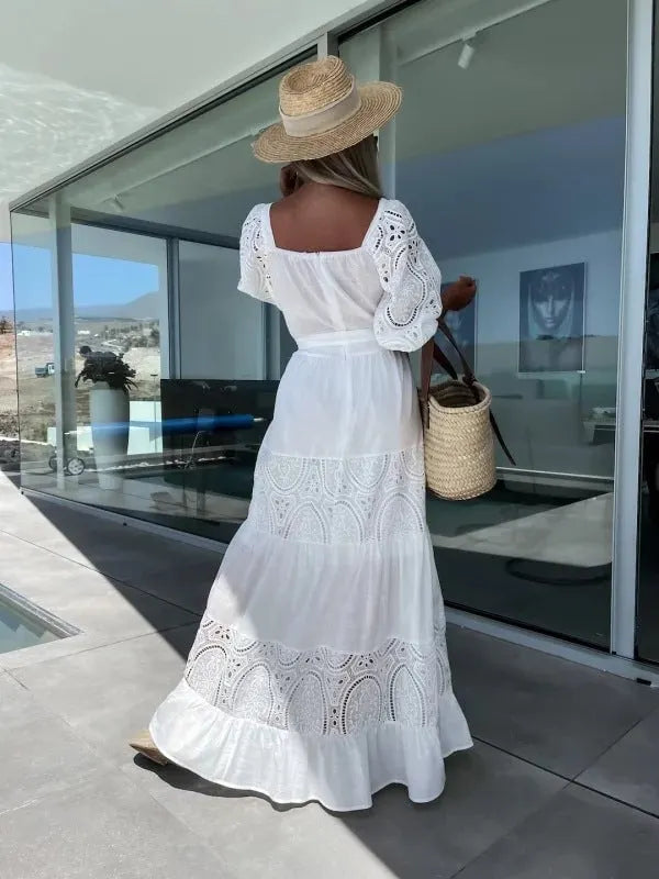 🌷Women’s Trendy Patchwork Tie Waist Square Neck Long Dress