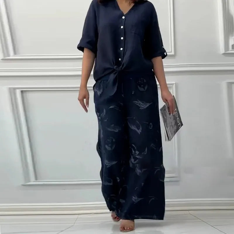 Women's Loose Shirt Cardigan & High-Waisted Pants Two-Piece Set