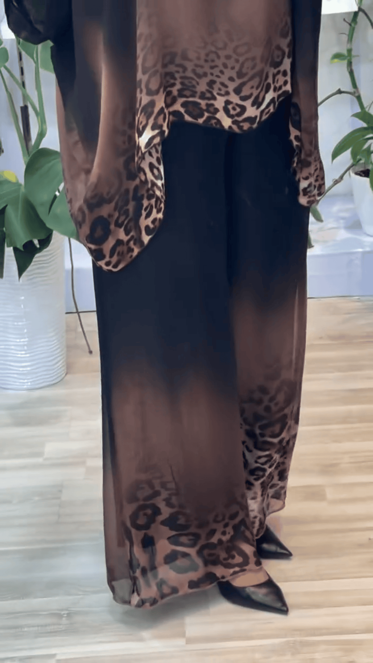 Women's Gradient Leopard Print Crew Neck Top And Wide Leg Pants Set