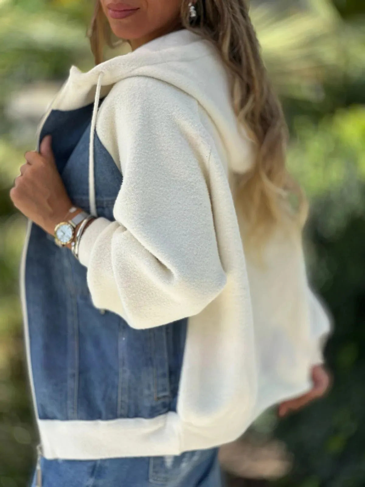 Women's Hooded Denim Patchwork Casual Top
