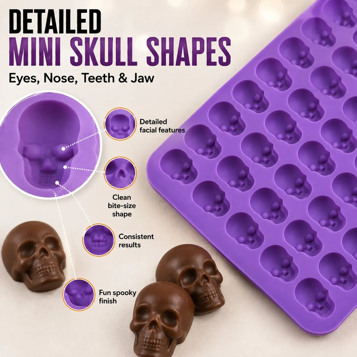 🎉49% OFF – 💀 Reusable 50-Cavity Mini Skull Silicone Candy Mold | Flexible Easy-Release Design for Chocolate, Candy Melts, Filled Treats & Halloween Desserts 🎃✨