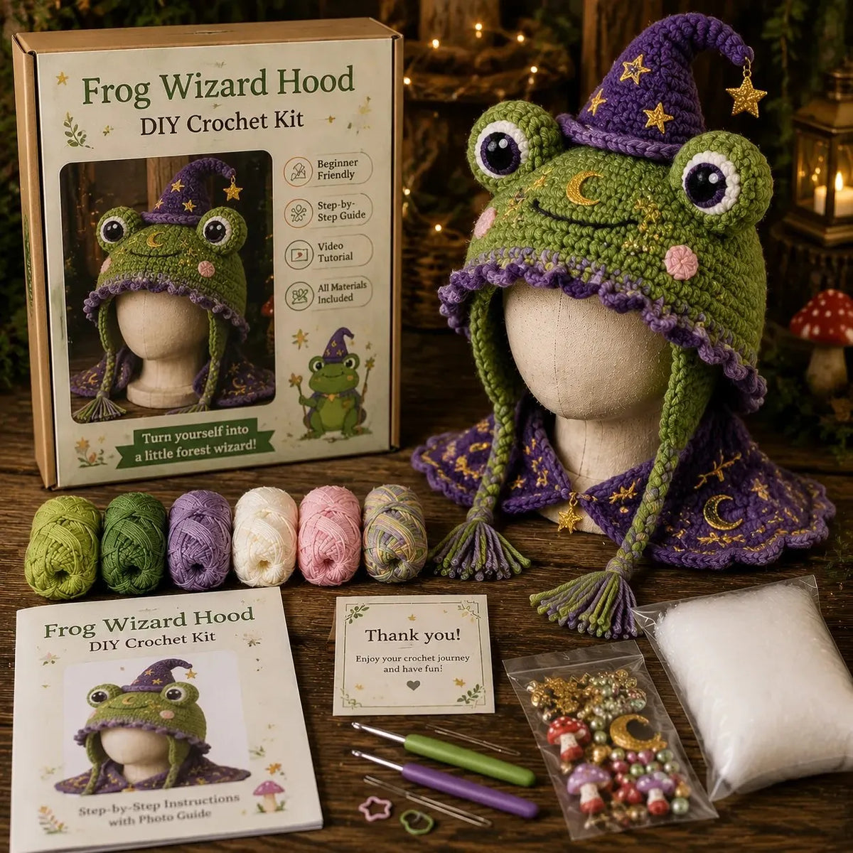 🔥HOT SALE🔥🐉✨ Fantasy Hood Hat DIY Crochet Kit | Premium Soft Yarn Materials with Step-by-Step Guide DIY Handmade Wearable Character Hood 🧶🎭✨