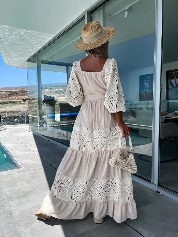 🌷Women’s Trendy Patchwork Tie Waist Square Neck Long Dress