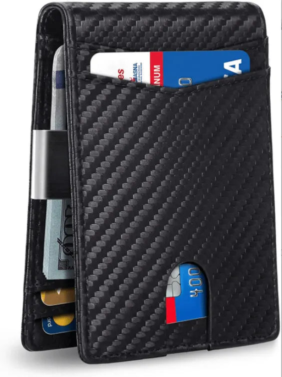 🎉With Pop Up Aluminum Case  Slim Leather Slots Credit Card Holder RFID Blocking Bifold Minimalist Wallet