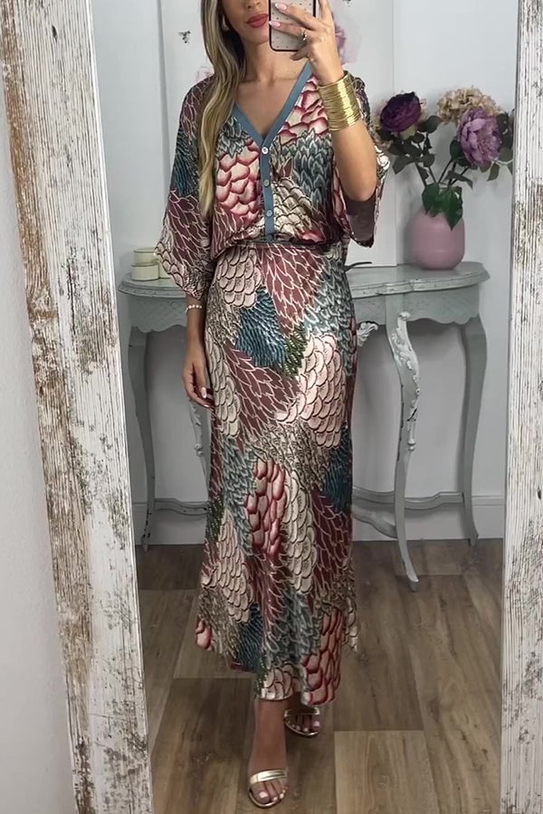 HARLEN SATIN UNIQUE PRINTED LOOSE SHIRT TOP AND ELASTIC WAIST MAXI SKIRT SET