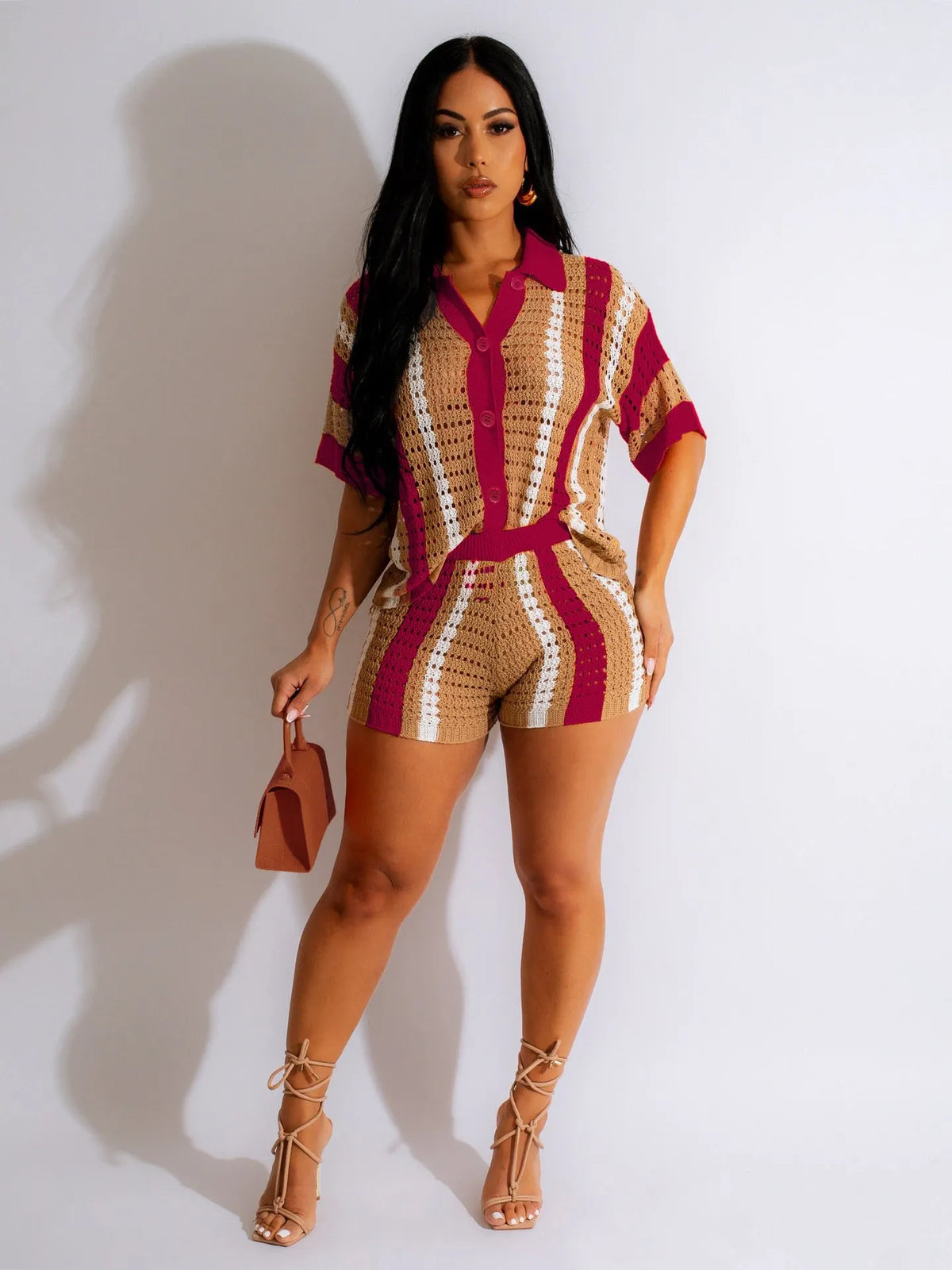 (BUY 2 SETS FREE SHIPPING)Women's 2-Piece Sheer Mesh Button-Up Top and High-Waisted Shorts Set