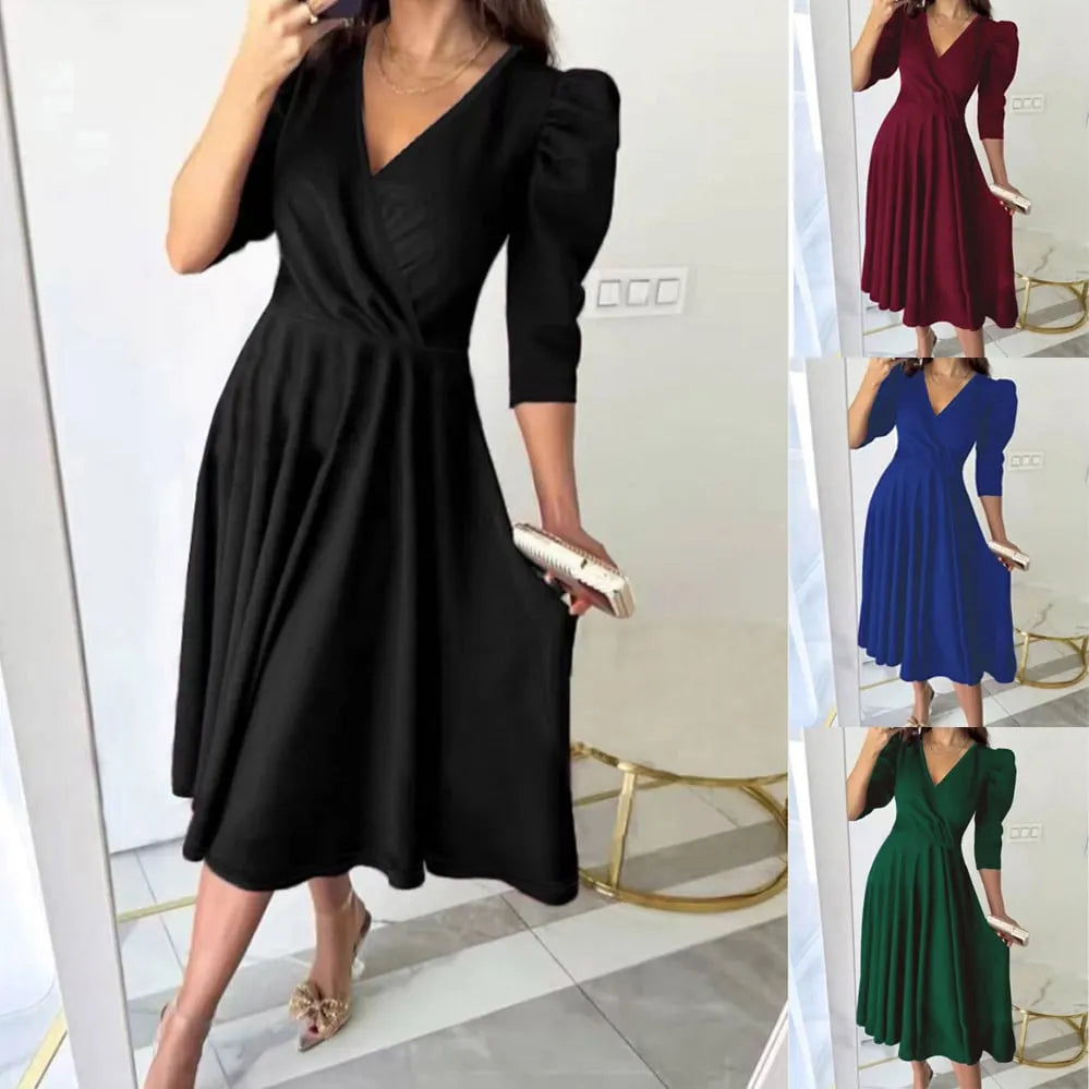 🌸Spring Specials💐 Women's V-Neck Pleated Waist-slimming Midi Dress