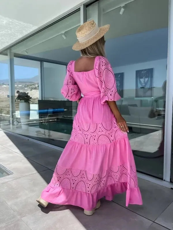 🌷Women’s Trendy Patchwork Tie Waist Square Neck Long Dress
