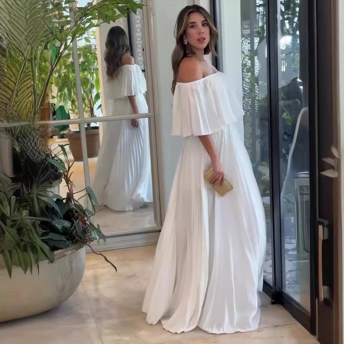 Contrast Color Off-Shoulder High Waist Slim Dress