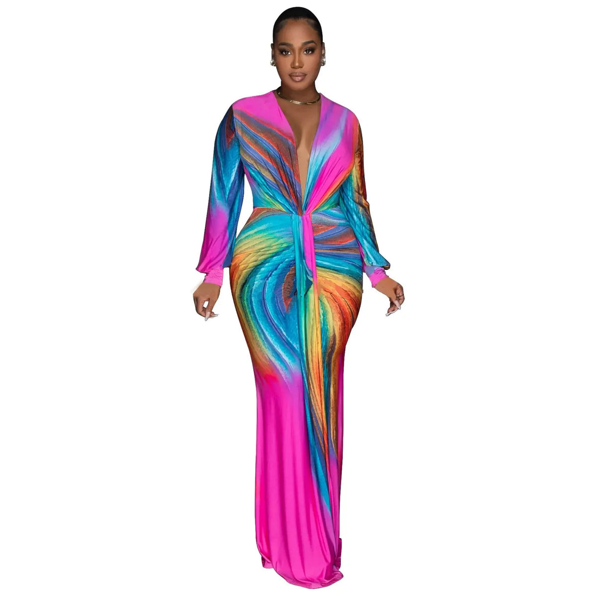 Ruched Deep V Neck Tummy Control Maxi Dress