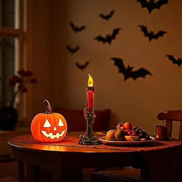 🕯️3 Pack Halloween LED Skeleton Hand Candle Holders, Flickering Flameless Skull Candles with Amber Light for Indoor Outdoor Halloween Decorations
