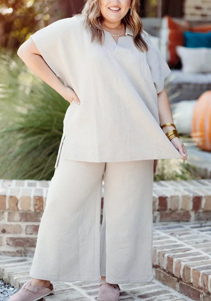 NEW TEXTURED V NECK TOP AND PANTS CASUAL SET (BUY 2 FREE SHIPPING)