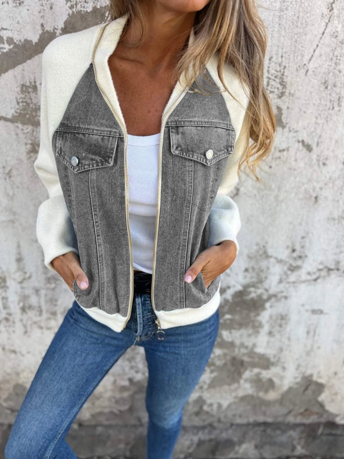 Patchwork Raglan Sleeves Denim Zipper Jacket (Buy 2 Free Shipping)