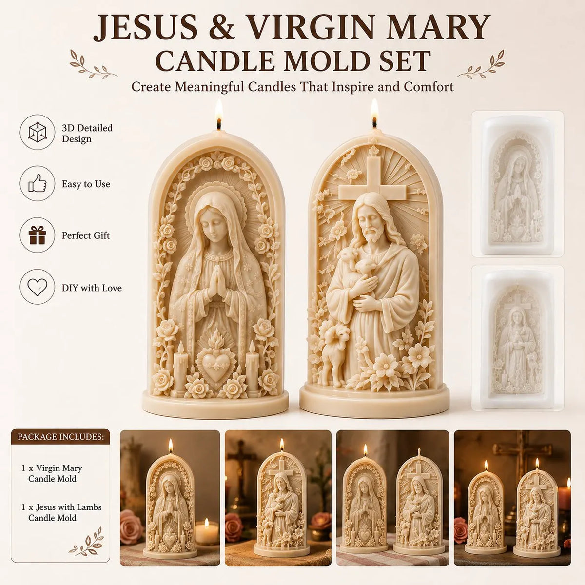 🎉⏳49% OFF – ✝️ 2-Piece Good Shepherd Jesus 3D Candle Mold Set | Sculpted Cross, Lamb & Floral Relief for Faith-Inspired Handmade Candles 🕯️✨