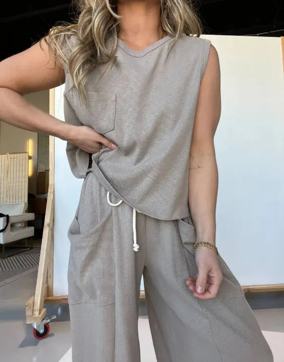 Comfort Tank Top and Elastic Waist Wide Leg Pocket Pants Set