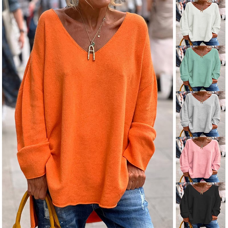 Women's V-Neck Casual Dipped Hem Oversized Sweater