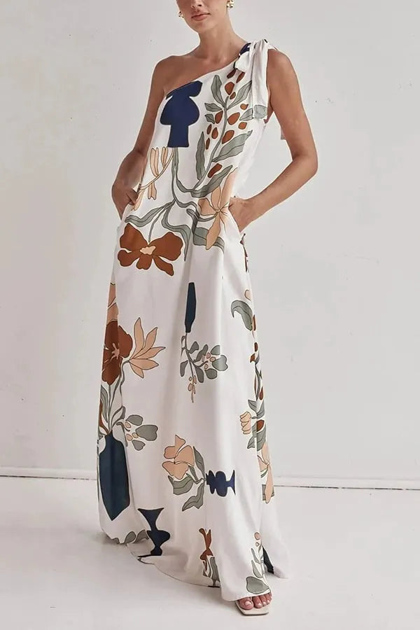 Printed One-Shoulder Maxi Dress