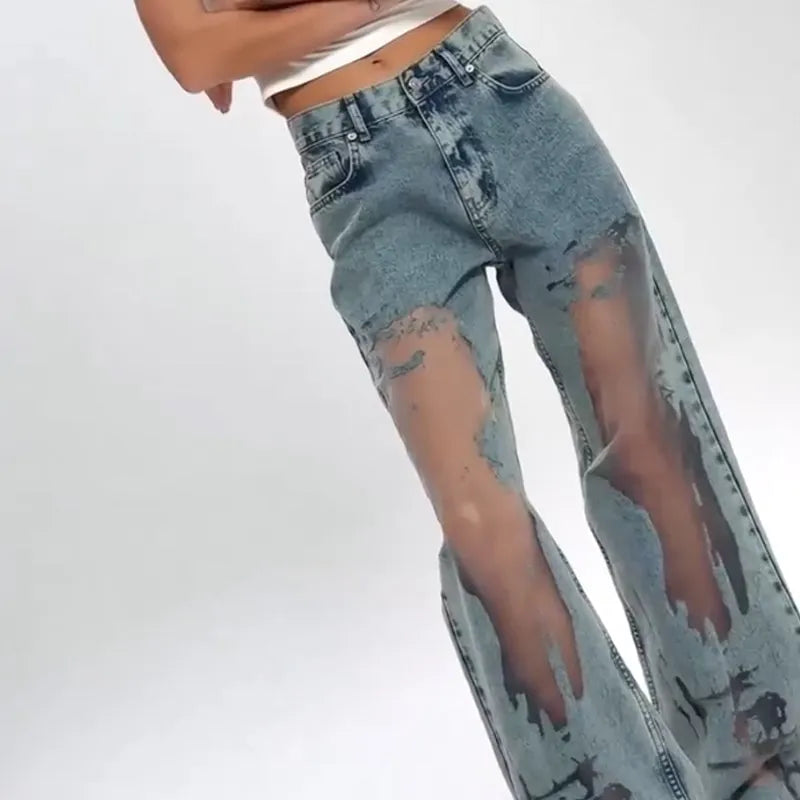 Women's Vintage Mesh Patchwork Printed Jeans