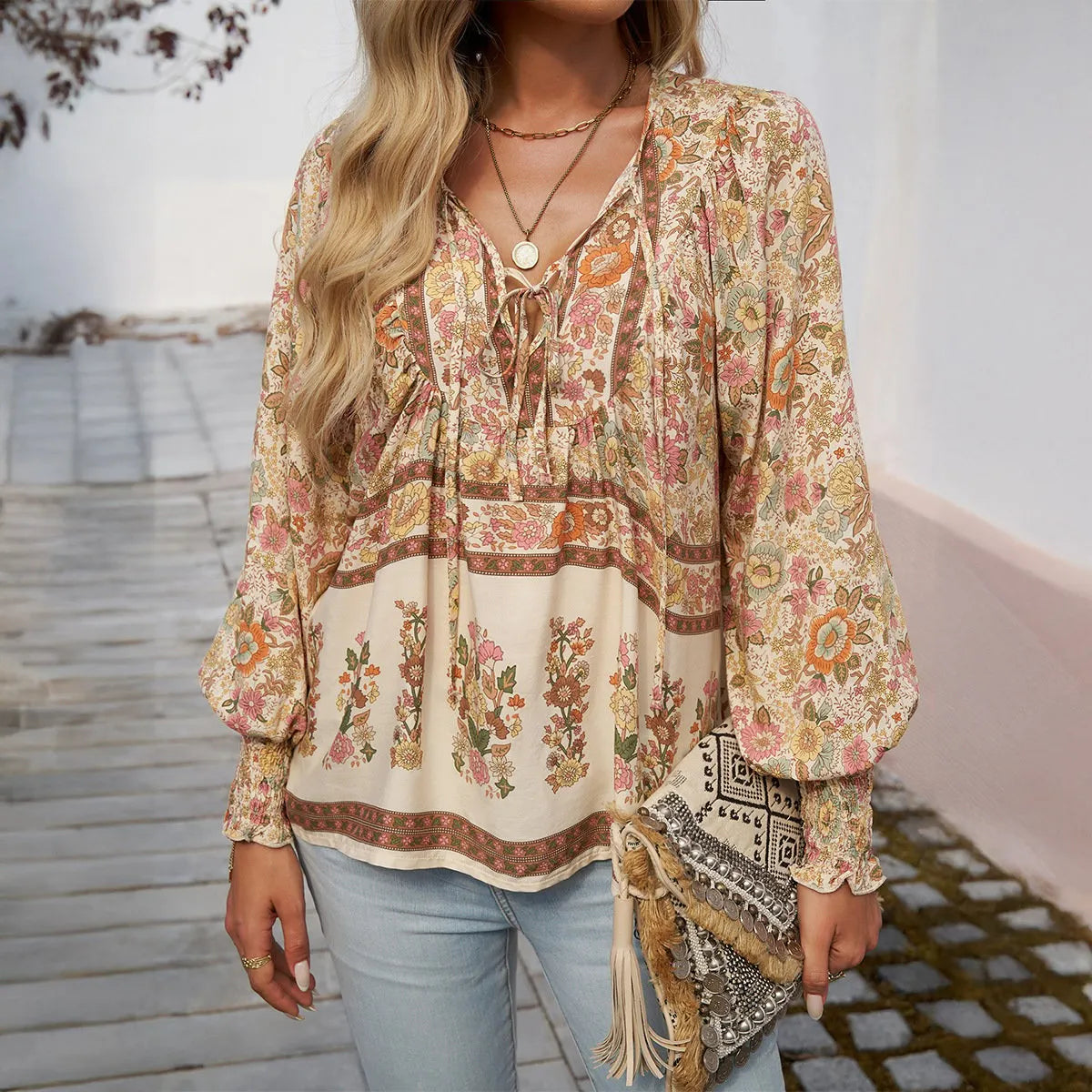 🌸Late Spring Promotion💐 Women's Fashion Printed v-Neck Long Sleeve Shirt
