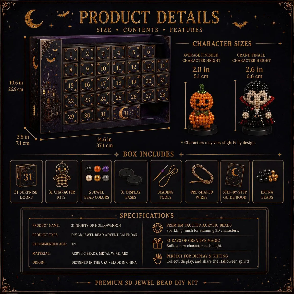 🎉🎃 Hollowmoon 31-Night Jewel-Bead Countdown Calendar | 31 Daily DIY Characters, Complete Craft Supplies & Midnight Parade Display 💎✨