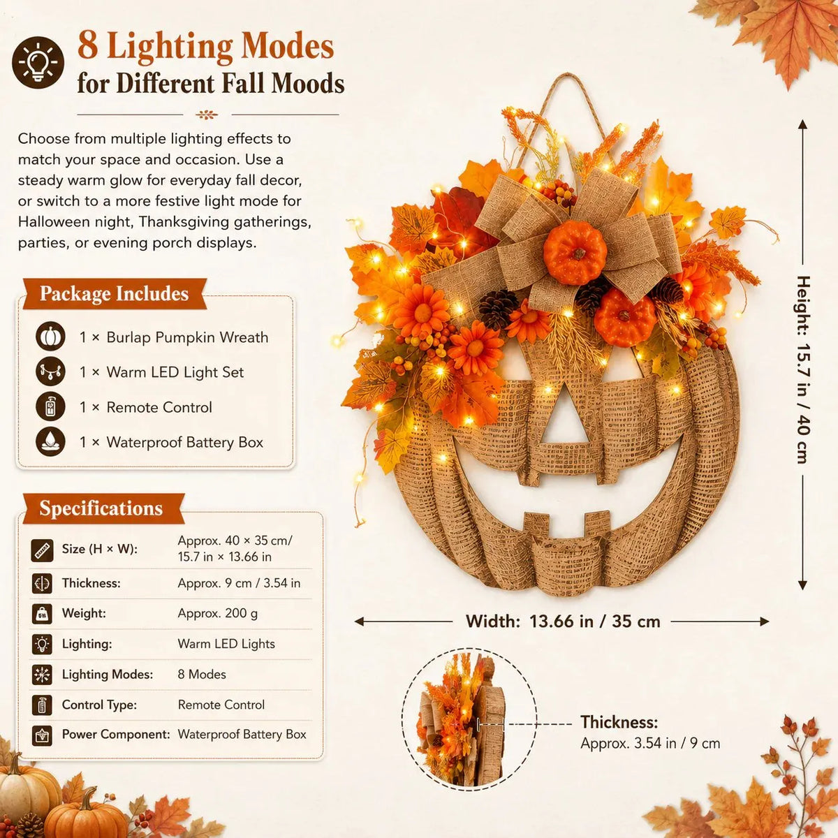🔥HOT SALE🔥🎃✨ Lighted Burlap Pumpkin Wreath