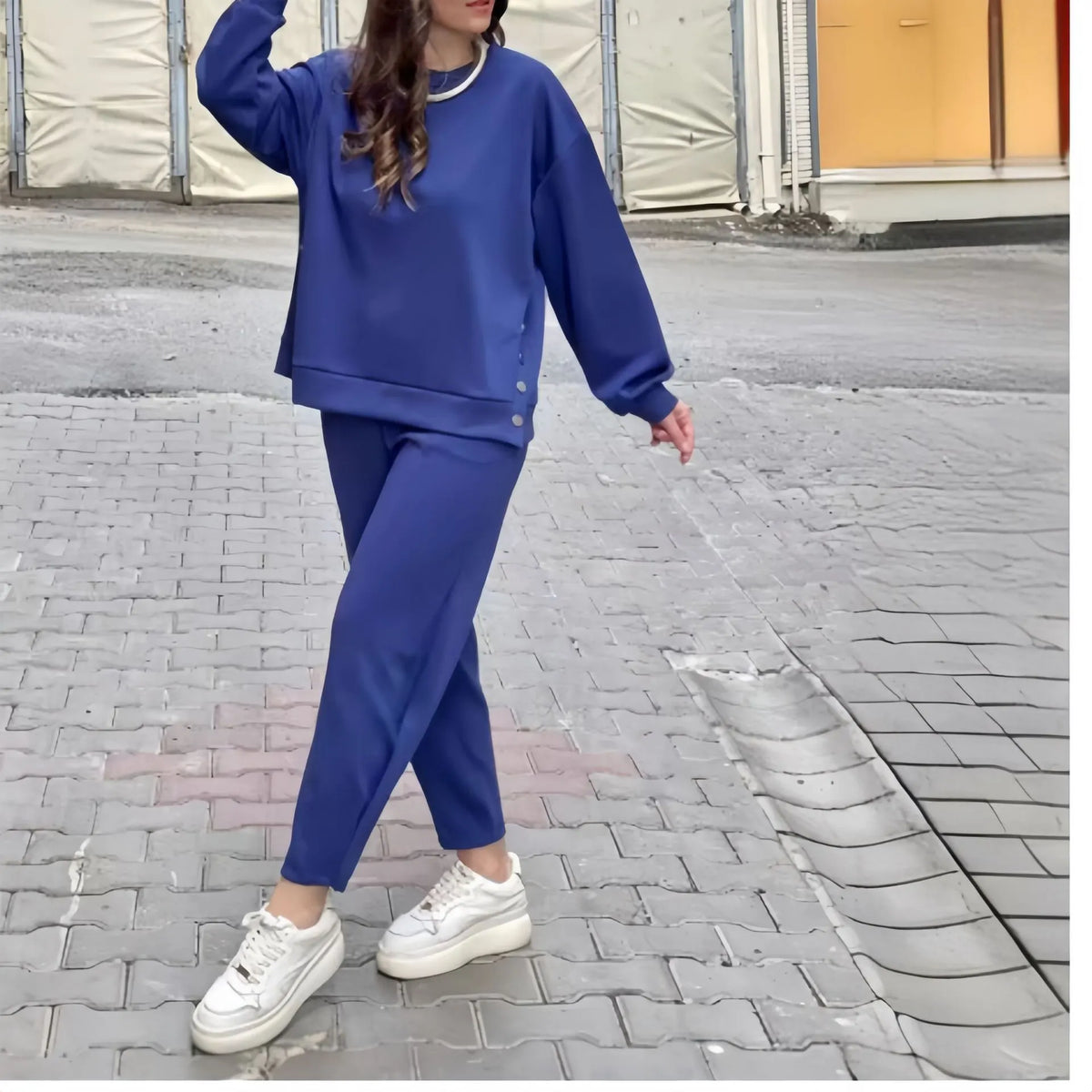 Metal Button Split Long Sleeve Top and Sporty Tapered Pants