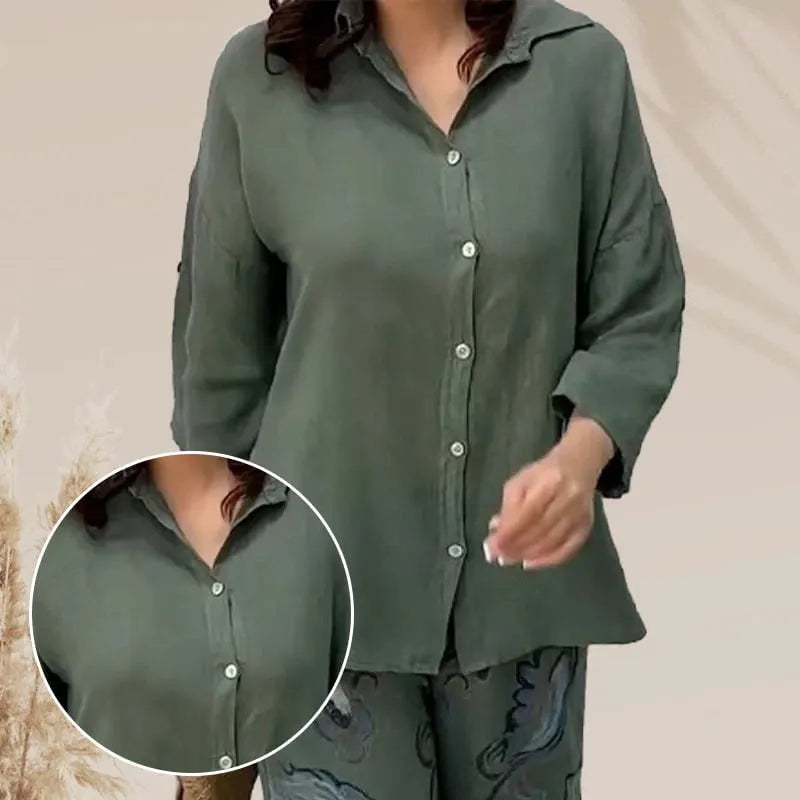 Women's Loose Shirt Cardigan & High-Waisted Pants Two-Piece Set