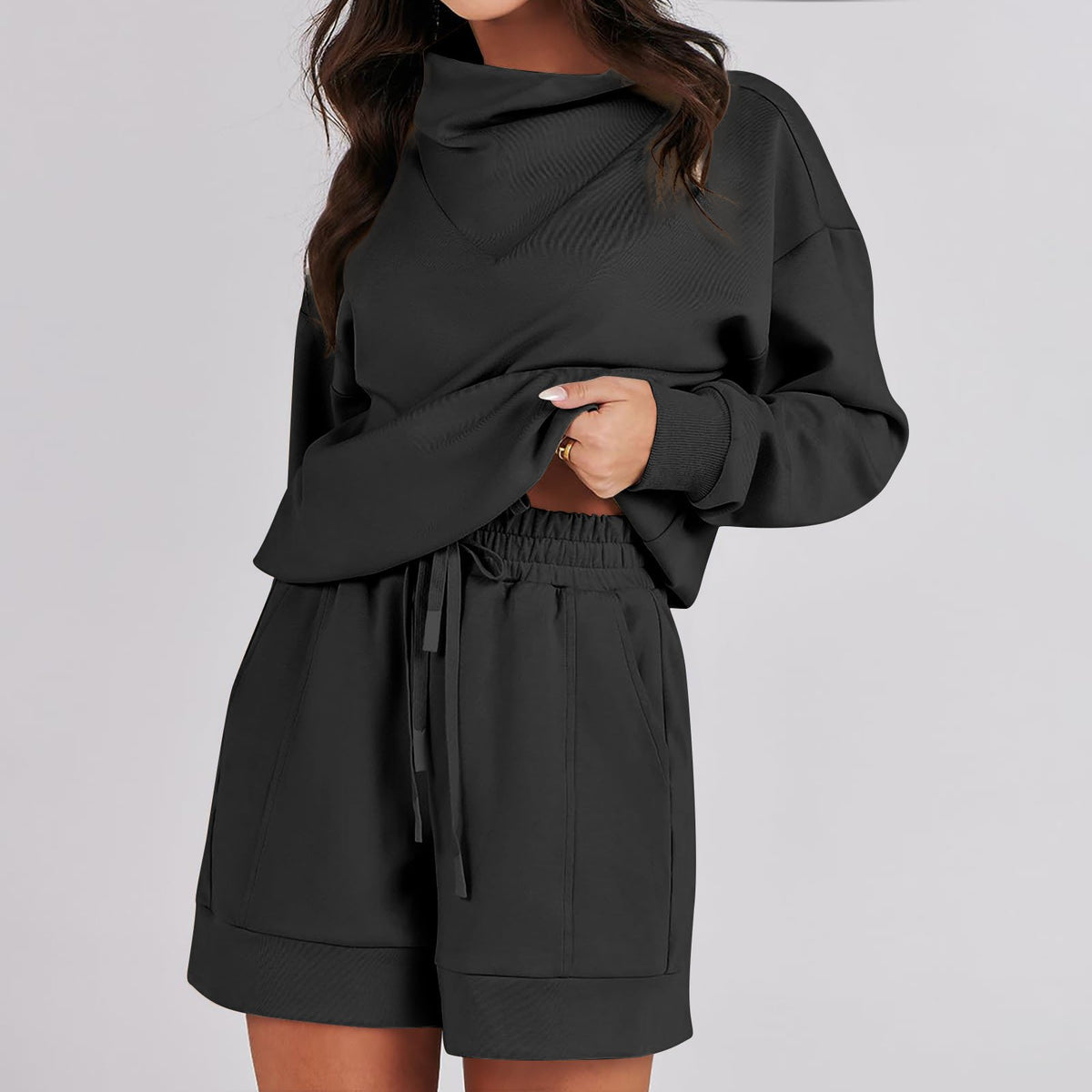 Cowl Neck Sweatshirts & Shorts LoungeWear 2-Piece Set