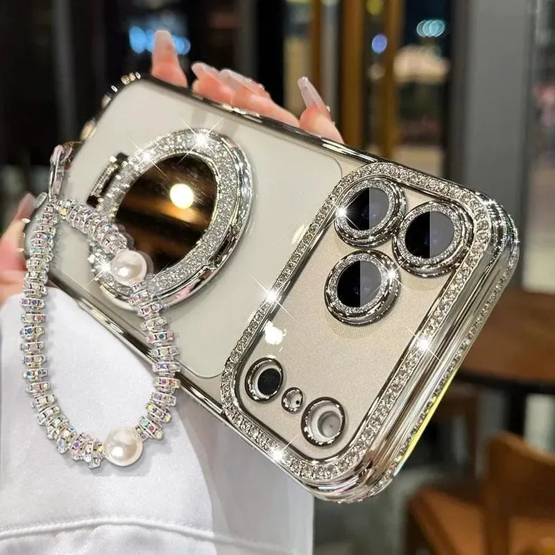 🎉💎Sparkling Diamond Women's Phone Case with Mirror & Stand for iPhone 12/13/14/15/16/17 Pro Max,17Air,14/15/16 Plus💖