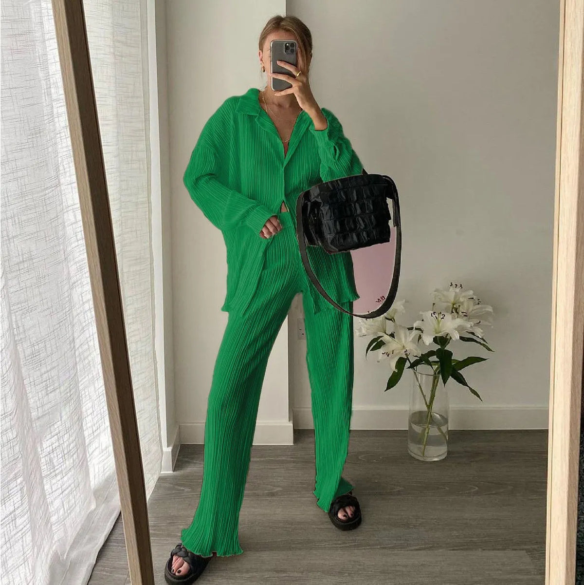 Oversized Leisure Pleat Pockets Two Piece Pants Set