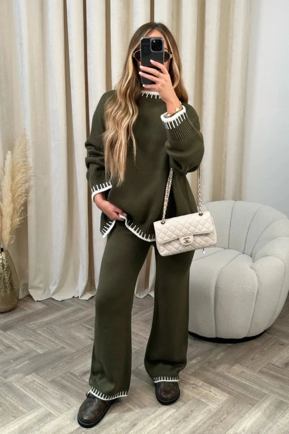 Round Neck Dropped Shoulder Top and Pants Sweater Set